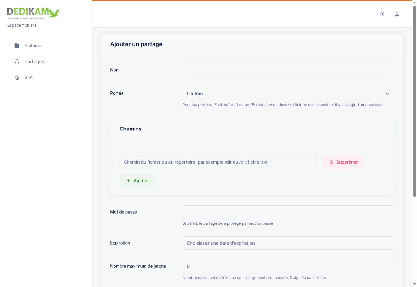 Formulaire SFTPGo Ajouter un partage : portée, chemins, mot de passe et expiration